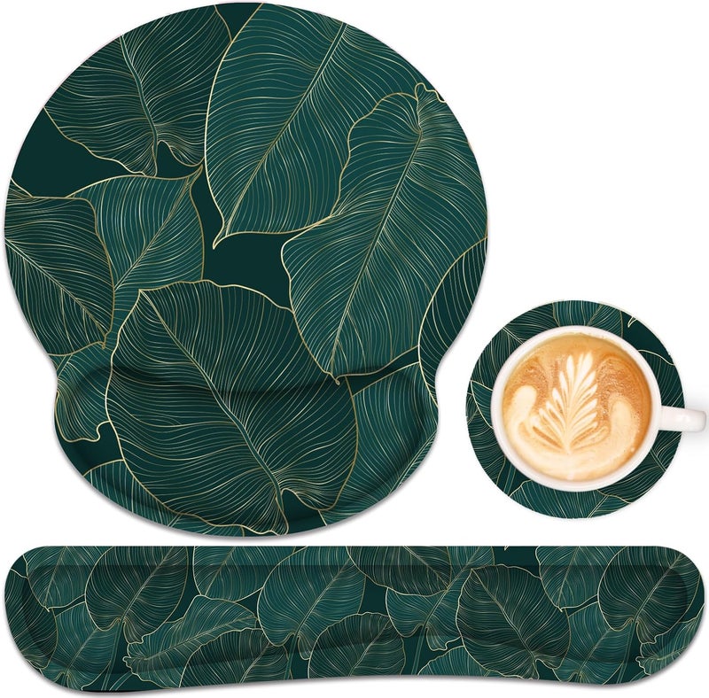 JIGOO Ergonomic Mouse Pad with Wrist Rest and Keyboard Wrist Rest, Mousepad and Wrist Rest for Computer Keyboard, Pain Relief, Non-Slip Base, Mouse Pad Wrist Support for Gaming, Office, Green Palm Leaf - Image 1